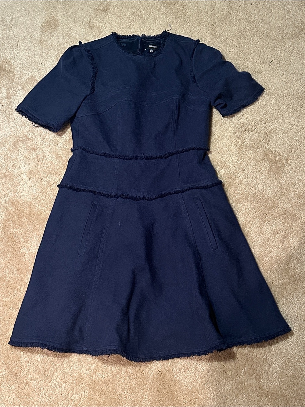 ME + EM Navy Frayed-Trim Short Sleeve Fit & Flare Dress